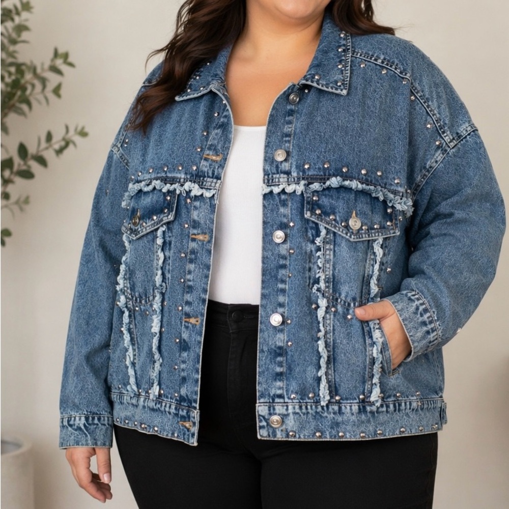 Indulge in Blue Rhinestone Studded Denim Jacket 3X